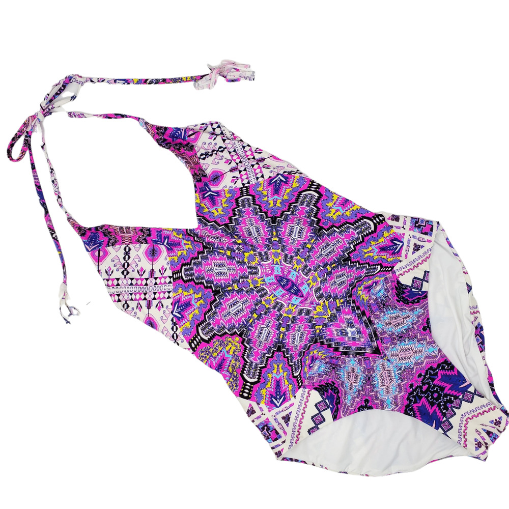 Red Carter One Piece Halter Swimsuit S-M Printed Plunging Criss Cross Back Women
